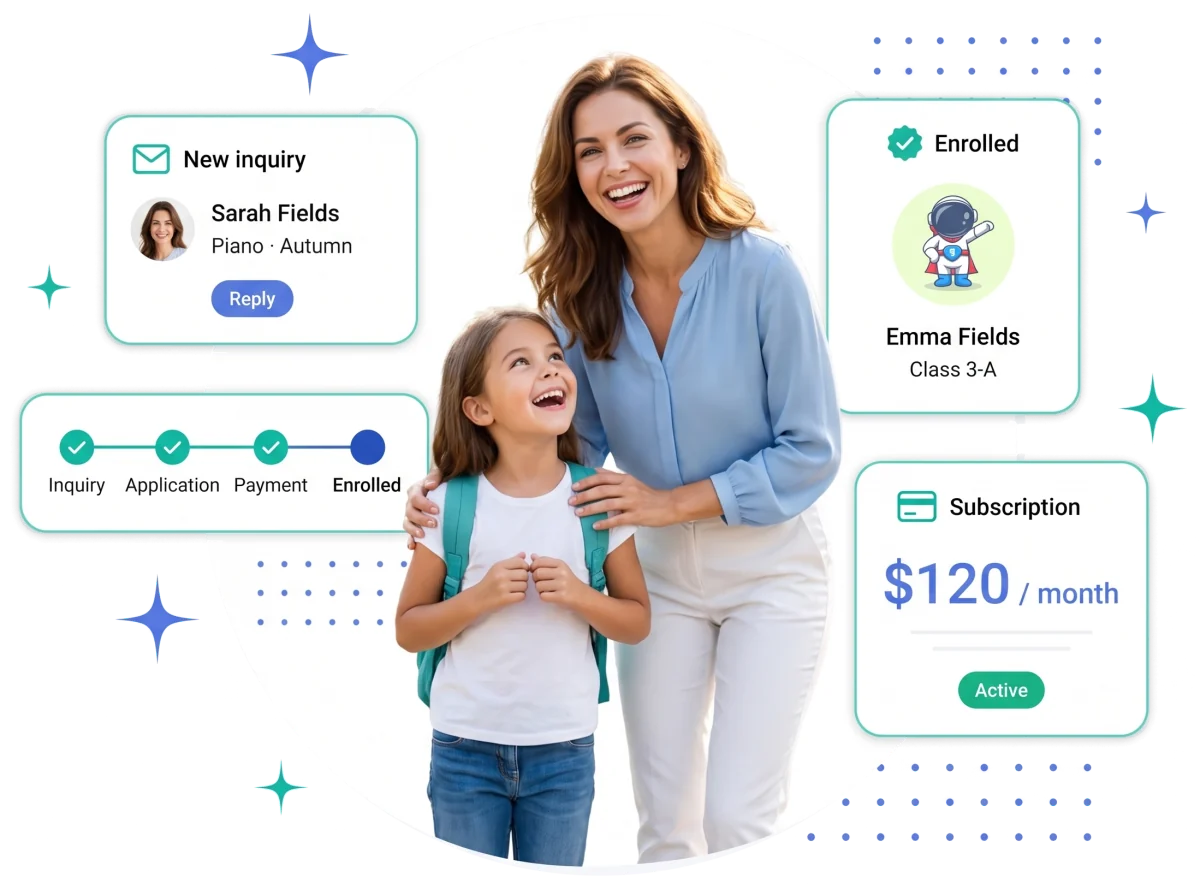 A mother and her daughter on the girl's first day, with Prosvita cards for the new inquiry, the steps to enrollment, the enrolled student and an active subscription