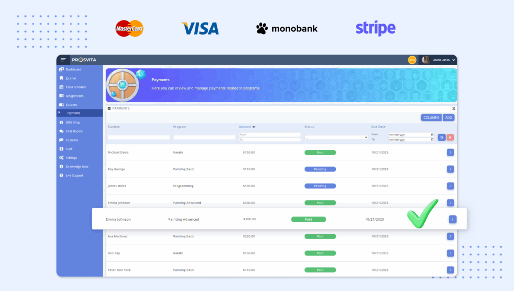 Payments for classes