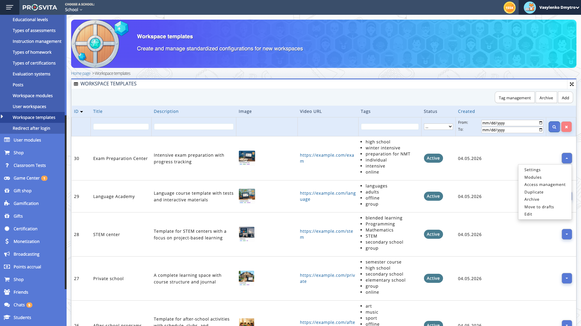 Workspace Templates list with template cards and tags