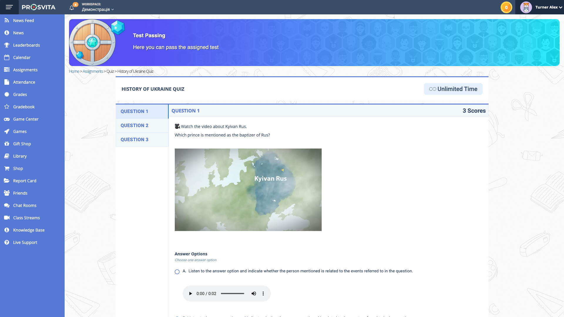 Quiz question with embedded video and audio answer options