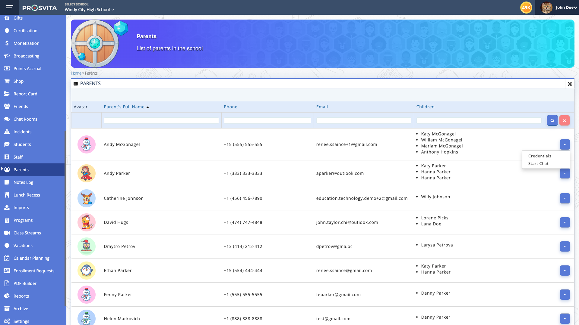 Redesigned Parent view with linked children and quick actions