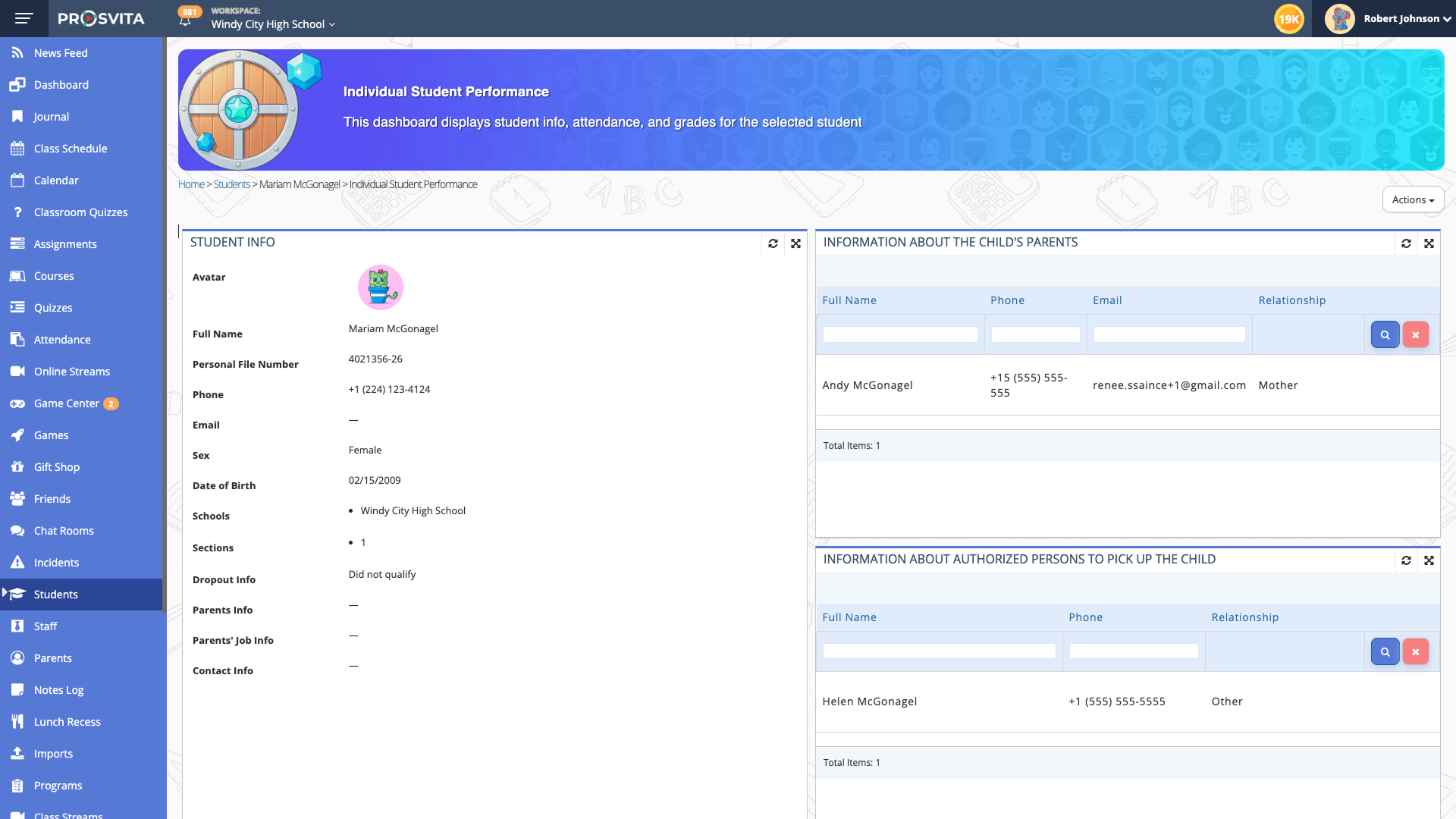 Parent and authorized pick-up block in the student profile