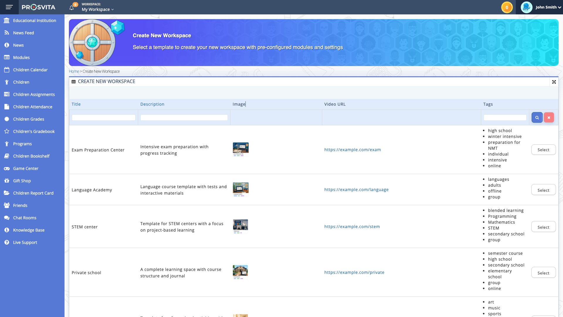 Template catalog for creating a new workspace