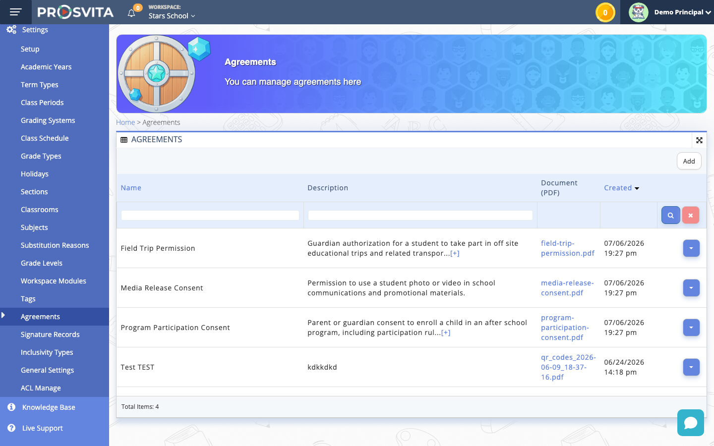 Agreements management page listing program agreements