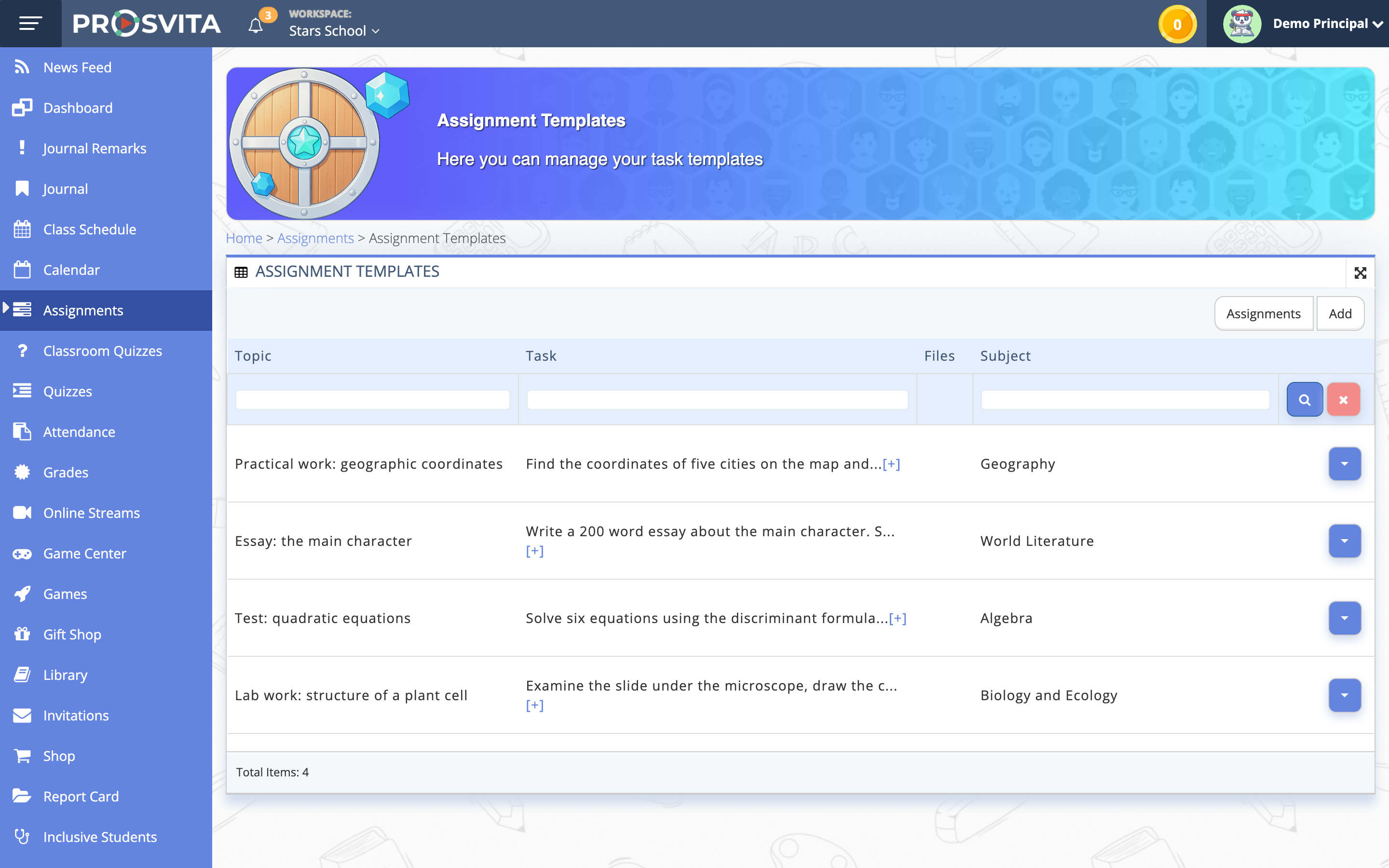 Assignment templates list with topic, task description and subject