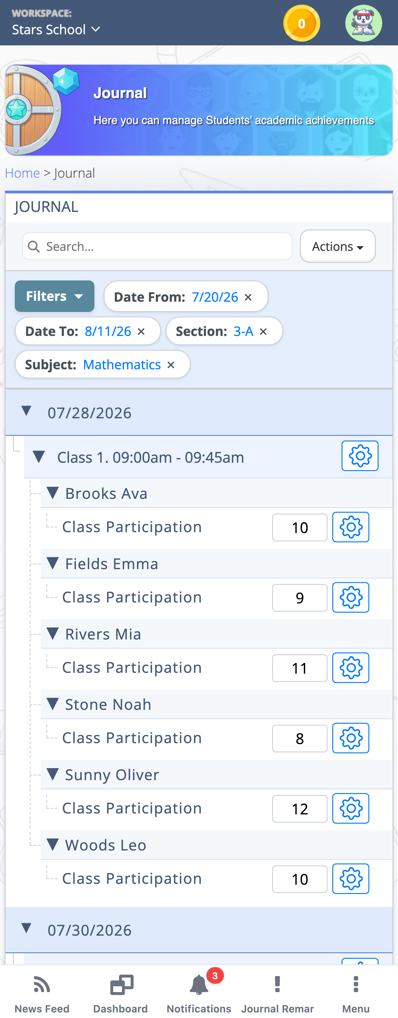 Mobile journal with class sessions grouped by date and students nested inside a date