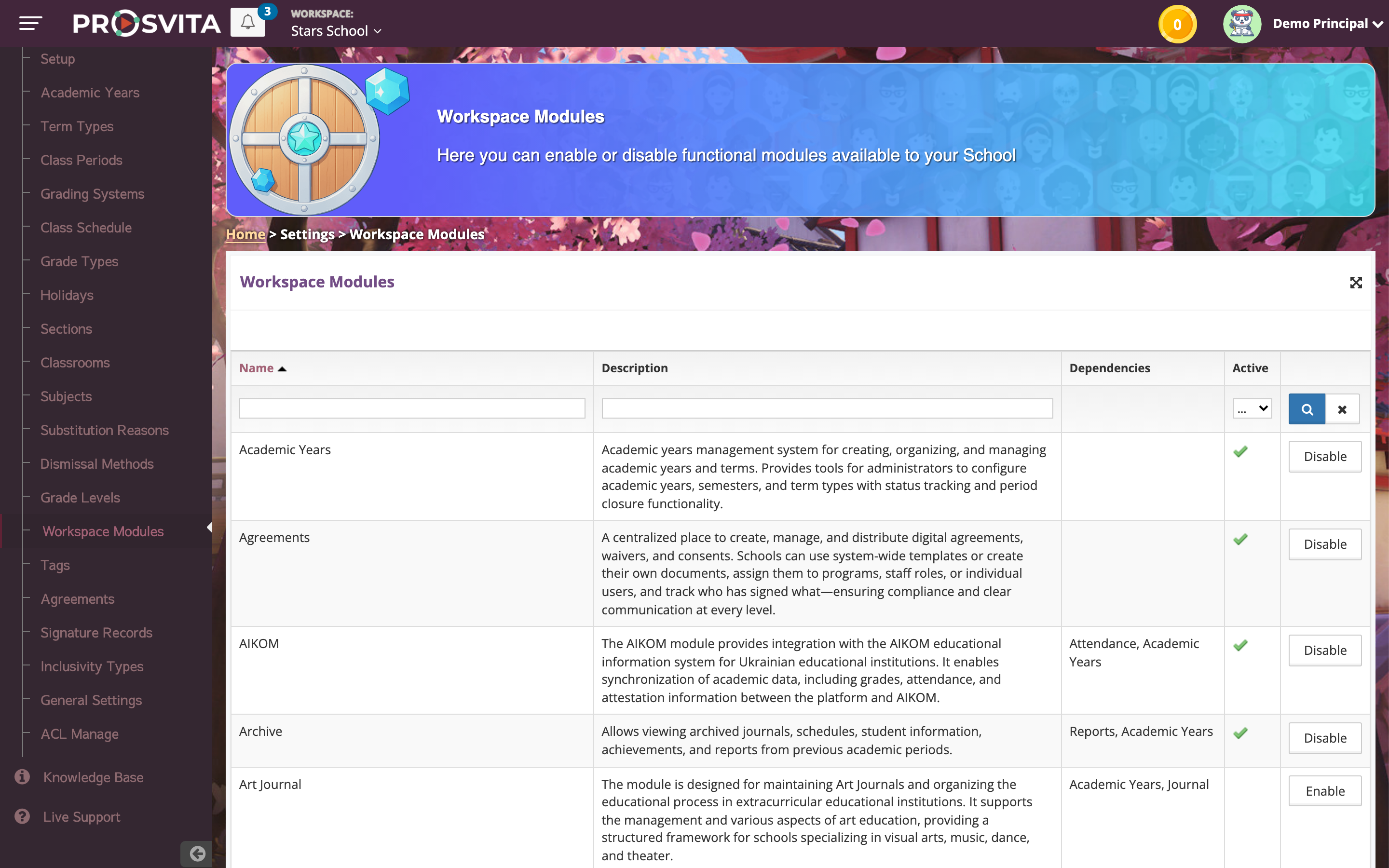 The same workspace modules page in another skin, with its own palette and background
