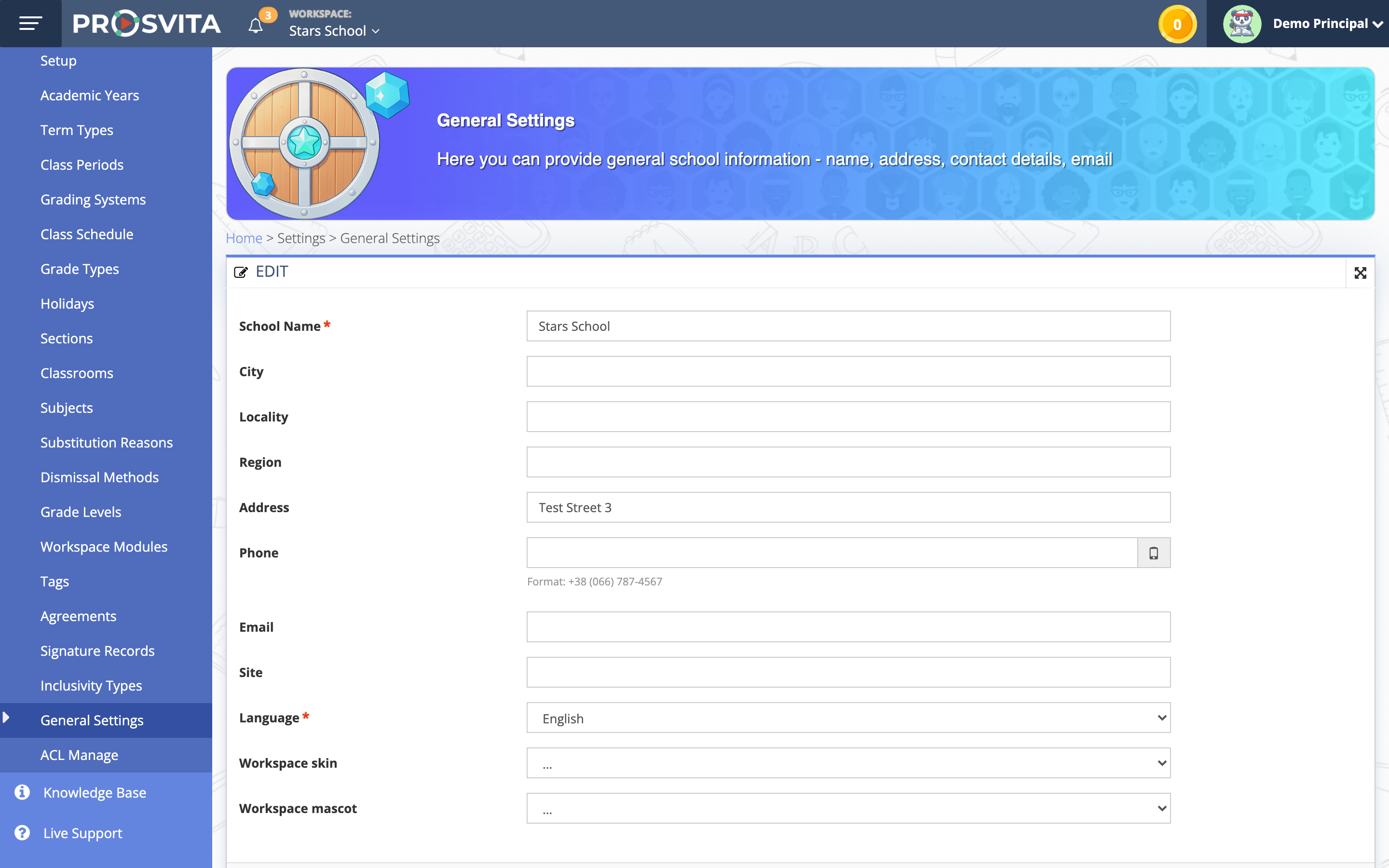 General settings for the institution with the Workspace skin and Workspace mascot fields